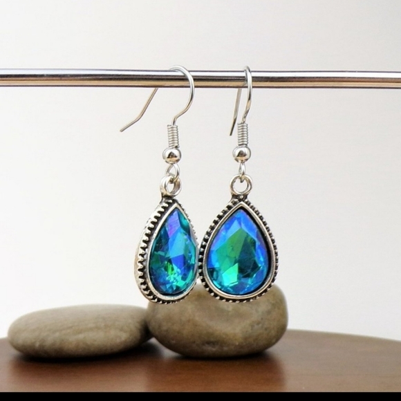 Turquoise Rhinestone Teardrop Earrings - Picture 4 of 4